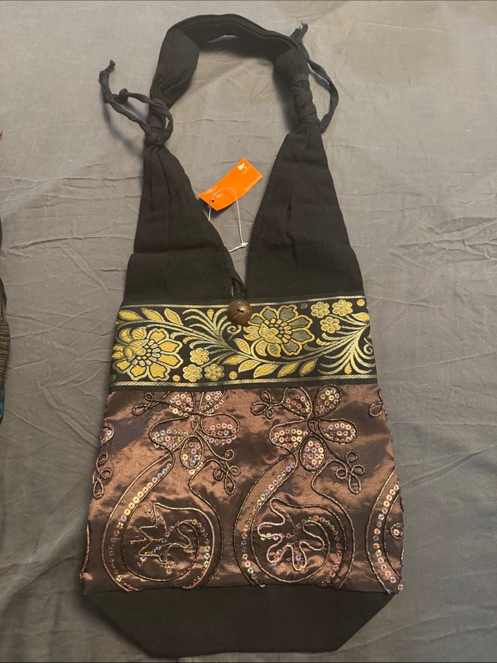 Embroidered Floral Boho Crossbody Bag in Brown and Black with Gold Trim